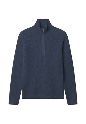 Dunkelblau gestreifter Strickpullover mit langen Ärmeln und einem Viertel-Reißverschluss am hohen Kragen, konzipiert für Wärme und Komfort.