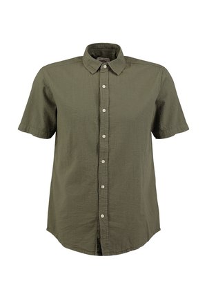 Kortærmet olivengrøn button-up skjorte med krave og tekstureret stof, vist mod hvid baggrund.