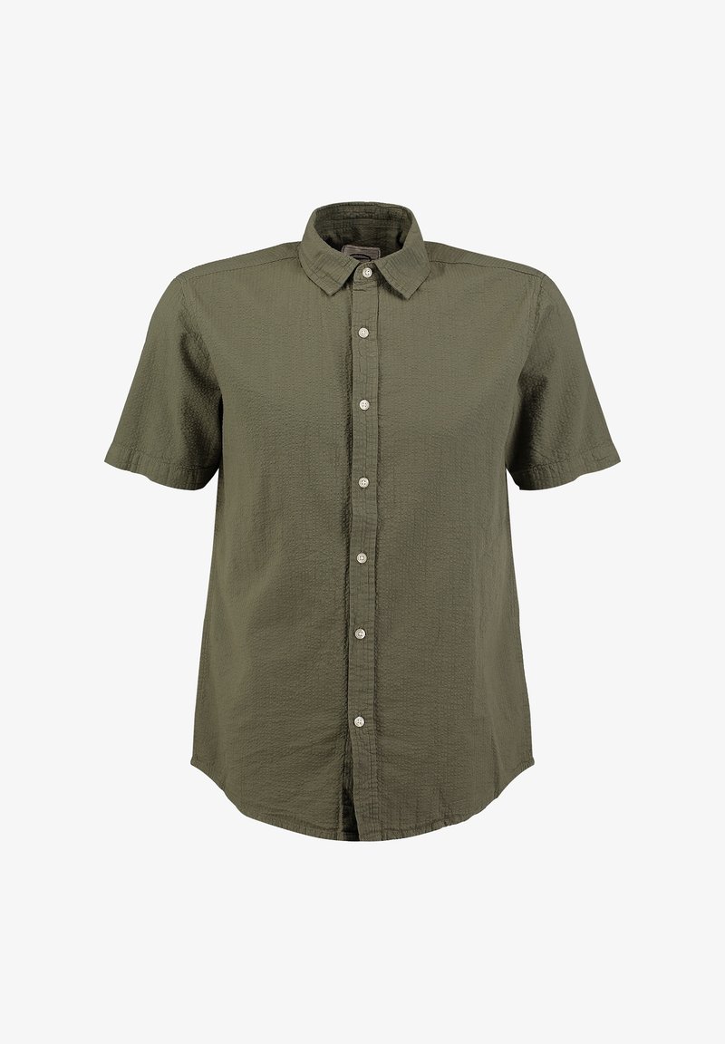 Chemise boutonnée à manches courtes de couleur vert olive avec col et tissu texturé, présentée sur fond blanc.