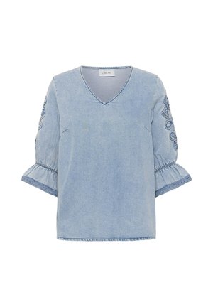 Hellblaue Jeansbluse mit V-Ausschnitt, 3/4-Ärmeln mit Puff-Design, bestickt mit Blumenmustern und mit Rüschen an den Manschetten.