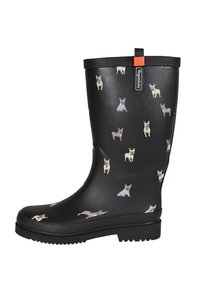 Black rubber rain boot with dog print in various colors, featuring a textured sole and a low heel. Includes a fabric loop and tag.