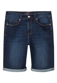Donkerblauwe denim shorts met opgerolde zomen, een ontwerp met vijf zakken en subtiele stiksel-details. Gemaakt van rekbare stof voor comfort.