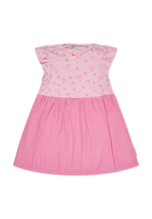 Rosa Babykleid mit kurzen, gerafften Ärmeln, einem Hasen- und Blumenmuster am Oberteil und einem unifarbenen, strukturierten Rock.