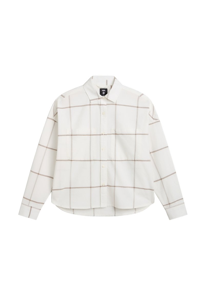 Camicia bianca a maniche lunghe con motivo a quadri marrone, colletto button-down e due tasche sul petto. Realizzata in cotone morbido. Orlo curvo.