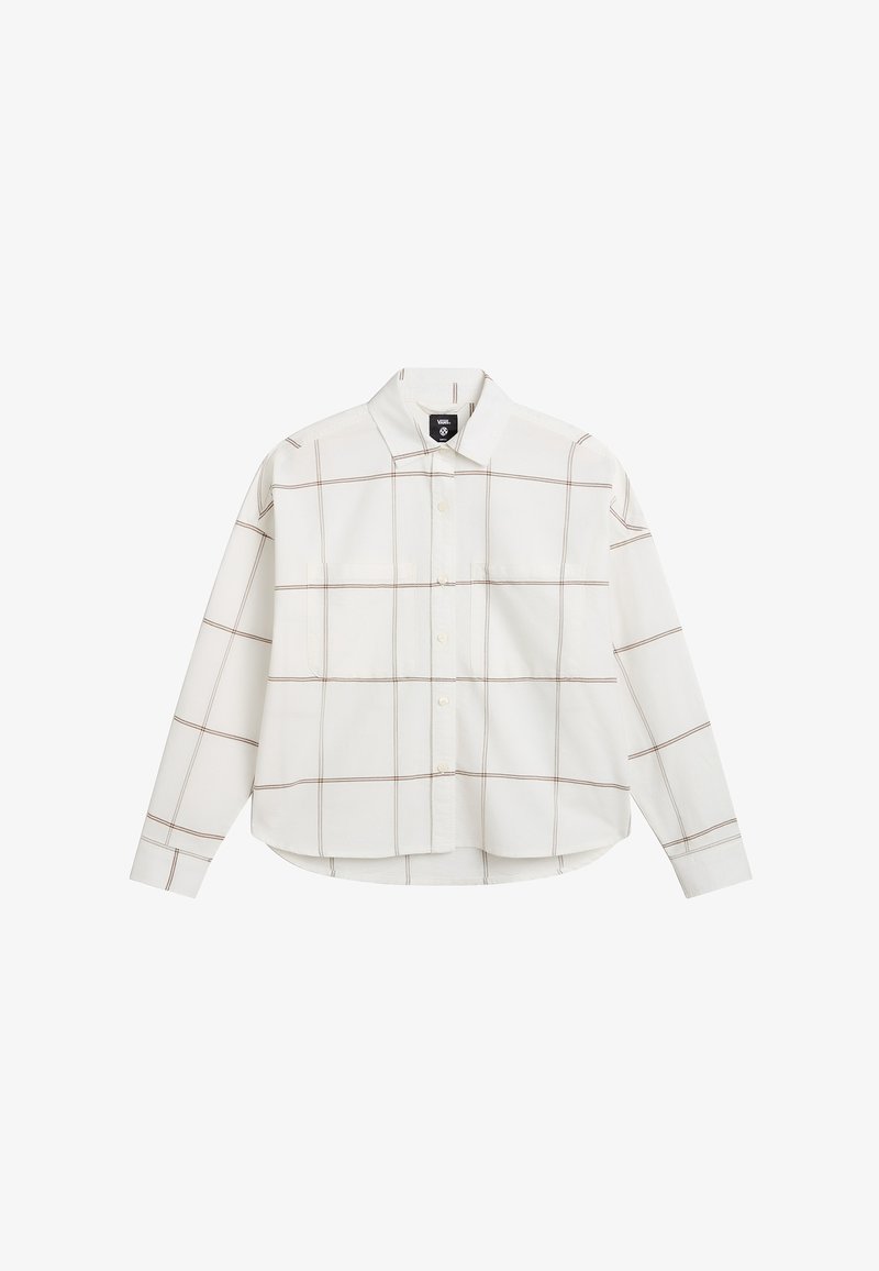 White long-sleeve shirt with brown grid pattern, button-down collar, and two chest pockets. Made of smooth cotton fabric. Curved hem.
