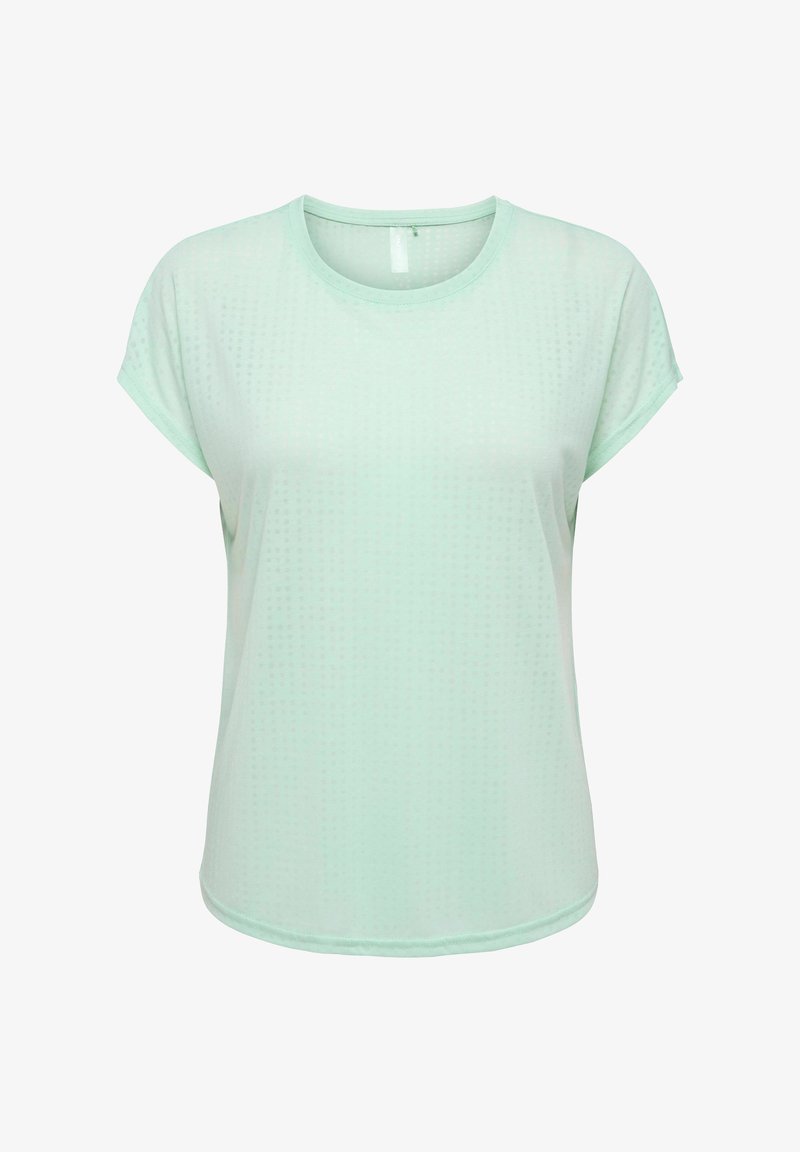 T-shirt à manches courtes vert menthe clair en tissu texturé et respirant, avec un col rond et une coupe décontractée.