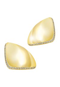 Náušnice ve zlatém tónu ve tvaru hladkých slzic, zdobené řadou průhledných krystalů podél okraje pro přidaný detail.