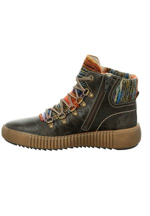 Brown leather high-top boot with multicolored, knitted collar, decorative lacing, and side zipper. Textured rubber sole with ribbed design.