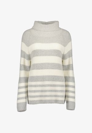 Gemütlicher Strick-Rollkragenpullover mit breiten horizontalen Streifen in abwechselnd hellgrau und offwhite.