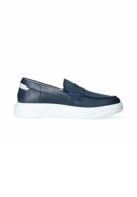 Scarpe slip-on blu navy in pelle con suola in gomma bianca, caratterizzate da dettagli di cuciture e una fascia anteriore rialzata per una calzata sicura.