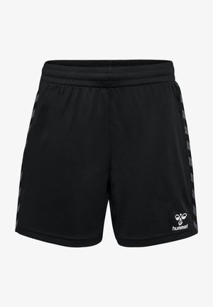 Zwarte sportshorts met een klassiek ontwerp, voorzien van een brede elastische tailleband en contrasterende zijstrepen in grijs. Hummel-logo op de onderste zoom.