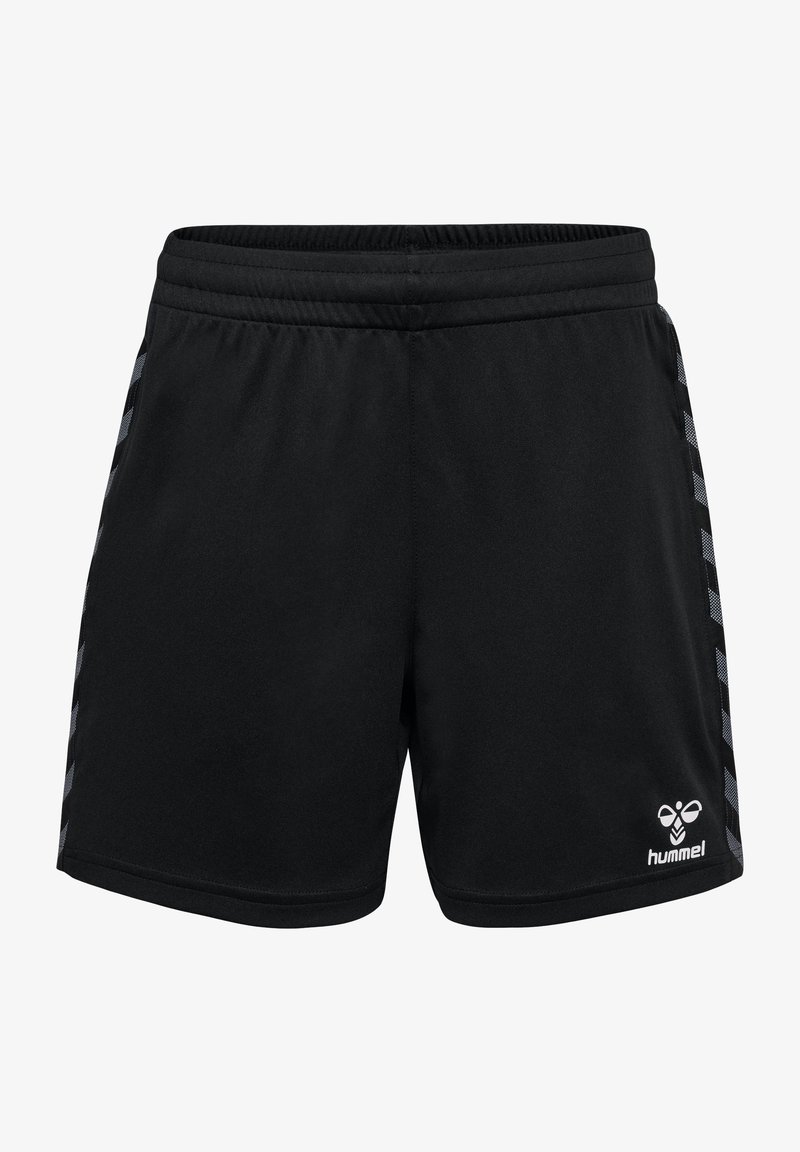 Pantalones cortos deportivos negros con un diseño clásico, que cuentan con una amplia cinturilla elástica y franjas laterales en gris. Logo de Hummel en el dobladillo inferior.