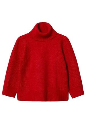 Rød strikket rullekrave-sweater med lange ærmer og ribbede manchetter og kant, lagt fladt på en hvid baggrund.