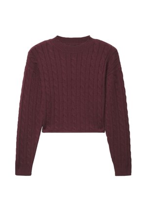 Maglione corto color bordeaux a trecce con maniche lunghe, scollo tondo e polsini a coste, disteso su sfondo bianco.