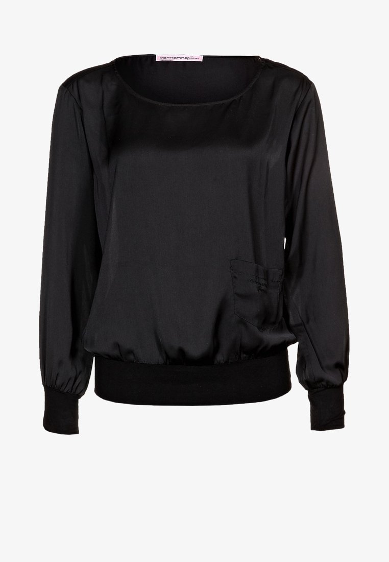 Czarna bluzka z długim rękawem, okrągłym dekoltem, elastycznym dołem i mankietami oraz małą kieszonką na dole po prawej stronie z przodu.