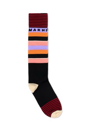 Calzino al ginocchio con base nera, punta e tacco color crema, righe rosse e nere su polsino e punta, strisce multicolori e banda con scritta "MARNI".