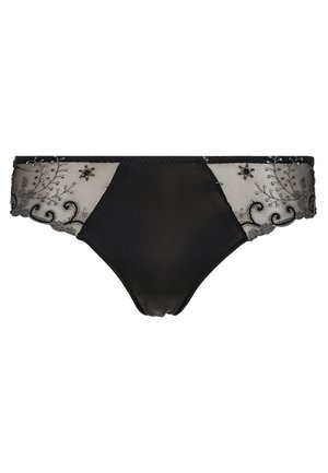 Zwarte ondergoed met een doorzichtig gaasband dat versierd is met geborduurde bloemenpatronen en scalloped randen. Glad materiaal overal.