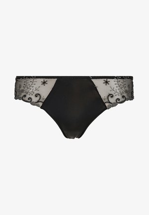 Černé spodní prádlo s průsvitným síťovaným pasem zdobeným vyšívanými květinovými vzory a vlnitými okraji. Hladký materiál po celém povrchu.