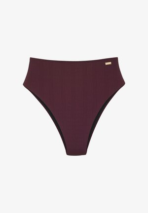 Culotte bikini a vita alta in tessuto a coste di colore viola scuro con accenti neri e un piccolo dettaglio in oro sul lato.