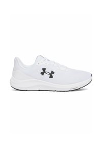 White athletic shoes with a breathable mesh upper, flat laces, and a black logo on the side. Thick white sole with a textured black tread.