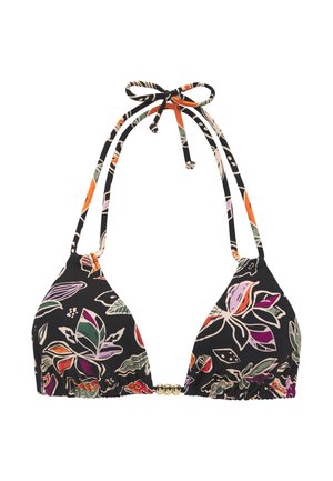 Schwarzes Bikinioberteil mit floralem Muster in Orange-, Pink- und Grüntönen. Dreieckige Cups, verstellbare Bänder und goldfarbene Perlendetail in der Mitte.