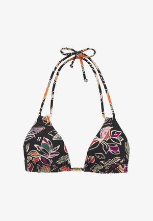 Schwarzes Bikinioberteil mit floralem Muster in Orange-, Pink- und Grüntönen. Dreieckige Cups, verstellbare Bänder und goldfarbene Perlendetail in der Mitte.