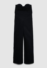 Tuta nera con gambe larghe, vita aderente e design senza maniche. Realizzata in un tessuto liscio ed elasticizzato, con schiena senza cuciture.