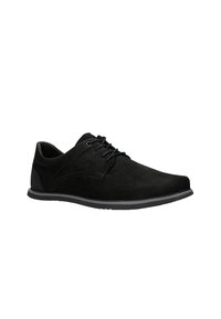 Black suede dress shoe with a smooth finish, featuring a lace-up design, rounded toe, and contrasting rubber outsole.