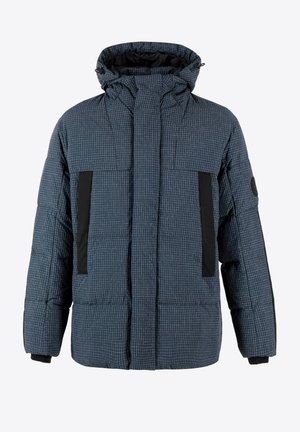 Blaue kariertes Pufferjacke mit Kapuze, ausgestattet mit schwarzen Akzenten, großen Vordertaschen und gerippten Bündchen. Hergestellt aus gesteppter, isolierender Materie.