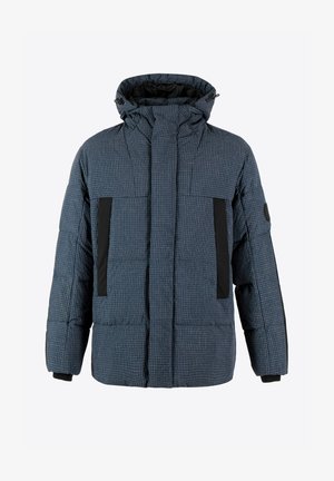Niebieska kurtka puchowa w kratkę z kapturem, z czarnymi akcentami, dużymi, przednimi kieszeniami i ściągaczami przy mankietach. Wykonana z pikowanej, izolacyjnej tkaniny.