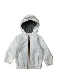 Giacca bianca con cappuccio, foderata in grigio, con polsini elastici e zip frontale caratterizzata da una striscia multicolore. Include due tasche laterali.