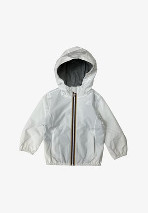 Giacca bianca con cappuccio, foderata in grigio, con polsini elastici e zip frontale caratterizzata da una striscia multicolore. Include due tasche laterali.