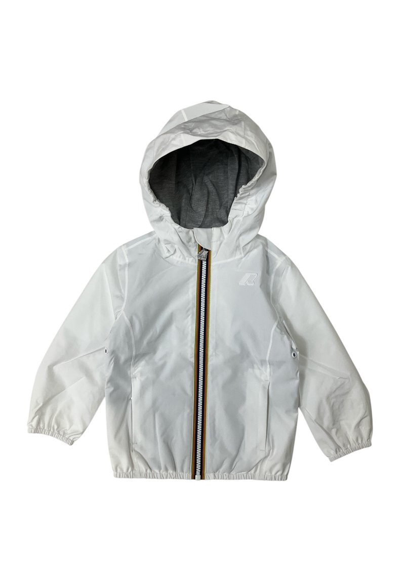 Giacca bianca con cappuccio, foderata in grigio, con polsini elastici e zip frontale caratterizzata da una striscia multicolore. Include due tasche laterali.