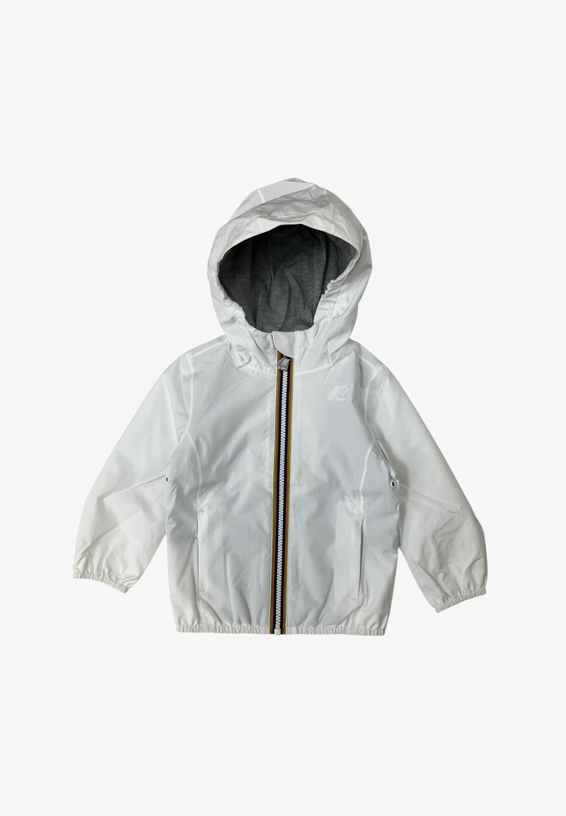 Giacca bianca con cappuccio, foderata in grigio, con polsini elastici e zip frontale caratterizzata da una striscia multicolore. Include due tasche laterali.