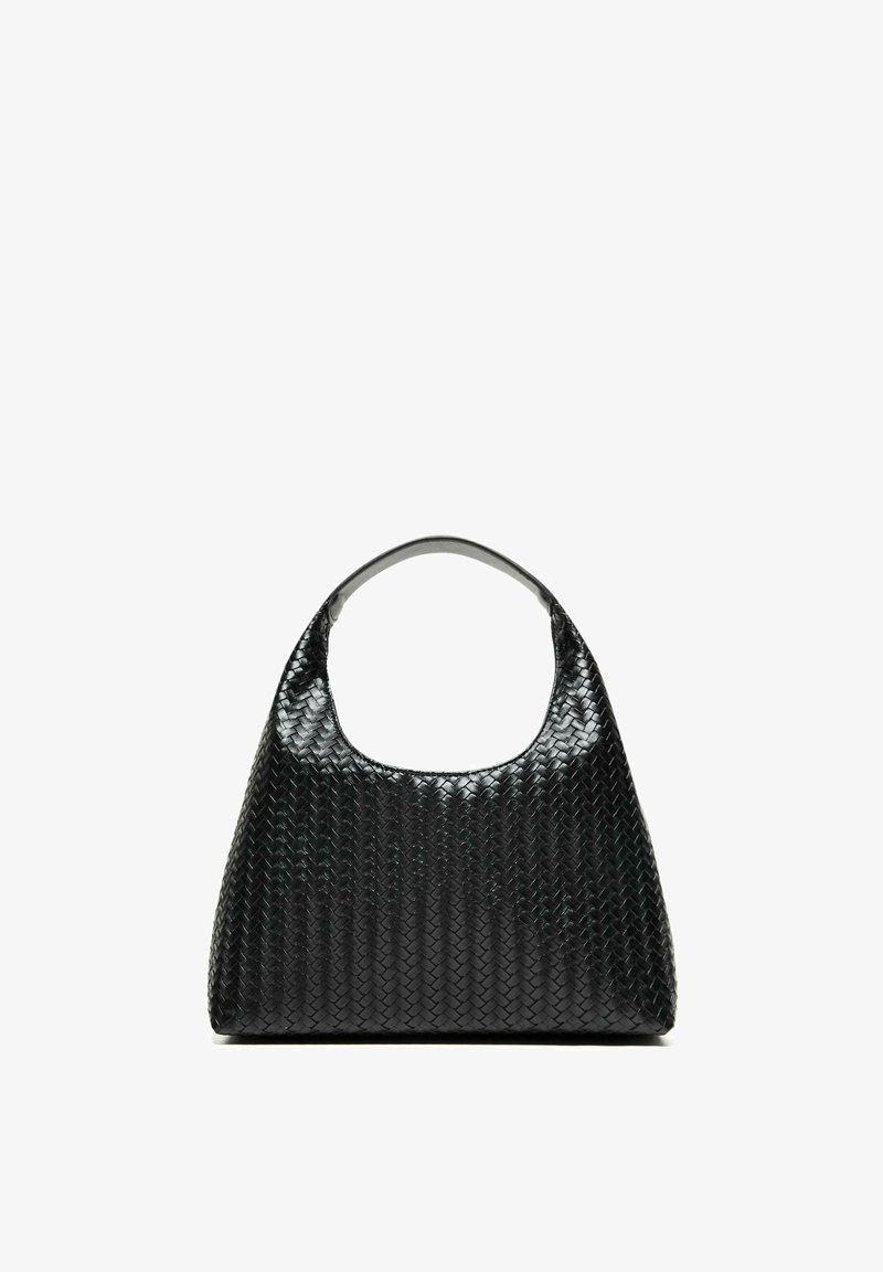 Black woven leather handbag with a soft trapezoid shape and a wide handle opening, photographed against a white background.