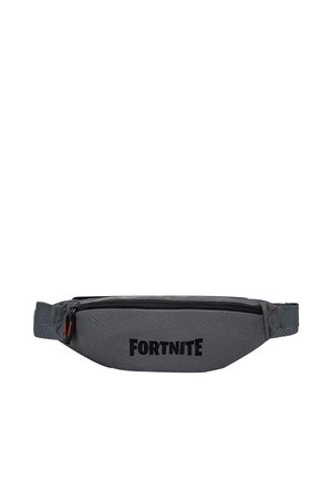 Gray fabric waist bag with black zipper and "FORTNITE" logo printed in bold black letters on the front.