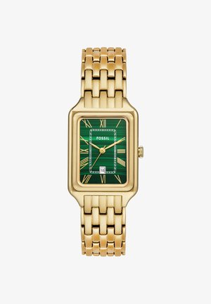 Montre-bracelet rectangulaire ton or avec cadran vert, chiffres romains, trois aiguilles, guichet date à 6 heures et bracelet en métal à maillons.