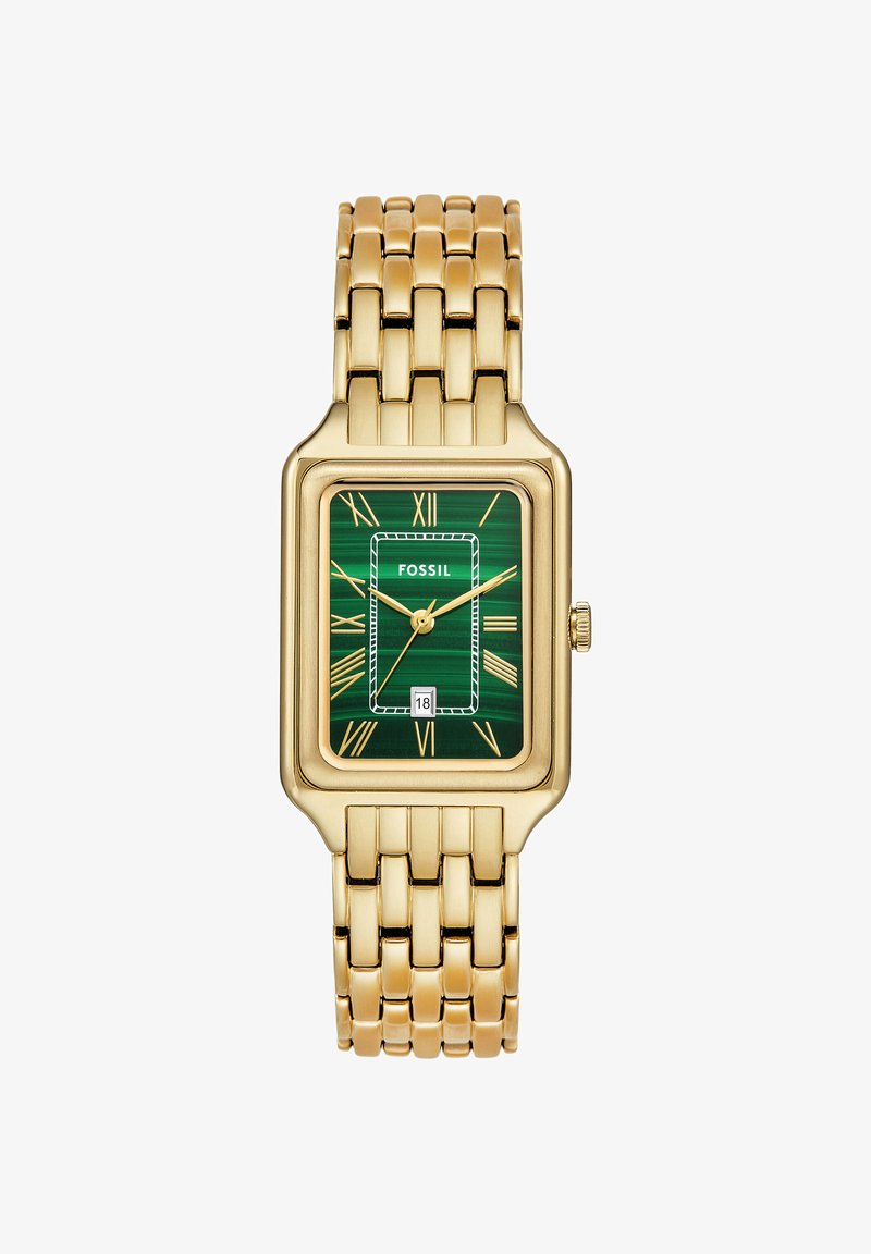 Montre-bracelet rectangulaire ton or avec cadran vert, chiffres romains, trois aiguilles, guichet date à 6 heures et bracelet en métal à maillons.