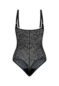 Body in pizzo nero con motivo floreale, spalline regolabili, tessuto trasparente e pannello inferiore opaco, con una scollatura a V. 