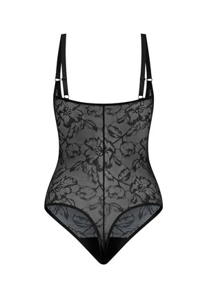 Czarny bodysuit z koronką, ozdobiony kwiatowym wzorem, z regulowanymi ramiączkami, przezroczystą teksturą i nieprzezroczystą dolną częścią, z wycięciem w kształcie litery V na nogach.