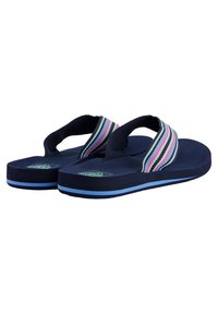 Infradito navy con suola in gomma testurizzata, cinturini in tessuto a strisce nei toni di rosa, blu e verde, e una banda di accento blu attorno alla suola.