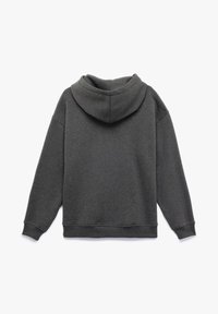 Musta harmaa huppari nähtynä takaa, jossa on pitkät hihat sekä ribbattu hiha- ja helmaosa.