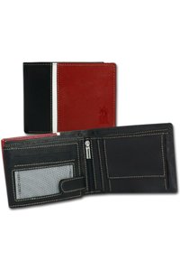 Leather wallet featuring black and red sections with white accents. Interior includes card slots and a zippered compartment.