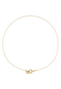 Weißes Perlenhalsband mit einem goldenen Verschluss, das aus kleinen, unregelmäßig geformten Perlen besteht und ein dekoratives Highlight in der Nähe des Verschlusses aufweist.