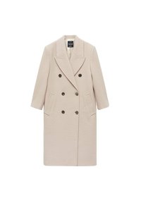 Manteau en laine beige à double boutonnage avec larges revers, deux poches latérales et six boutons foncés, coupe mi-longue.