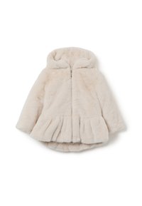 Helles beige Pelzmäntelchen mit Kapuze, ausgestattet mit einem Reißverschluss und gerafftem Peplum am Saum. Weiche Textur mit einem plüschigen Aussehen.