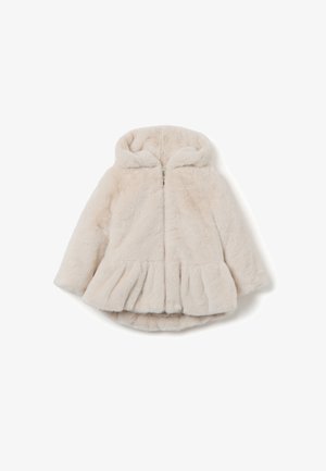 Light beige fur coat with a hood, featuring a zip front and gathered peplum at the hem. Soft texture with a plush appearance.