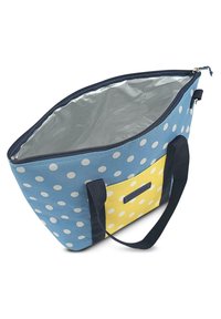 Bolsa de lunares azules con acentos amarillos, gran abertura con cremallera, forro interior gris y asas resistentes de color azul oscuro para un fácil transporte.