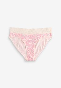 Švelniai rožinės spalvos kelnaitės su nėrinių apdaila, su paisley raštu rožinės ir mėlynos atspalvių, pagamintos iš minkštos medžiagos, visiškai dengiančios.