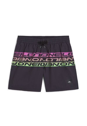 Shorts da nuoto neri realizzati in materiale leggero, con testo in gradiente orizzontale nei toni di rosa, viola e verde, dotati di vita con cordino.